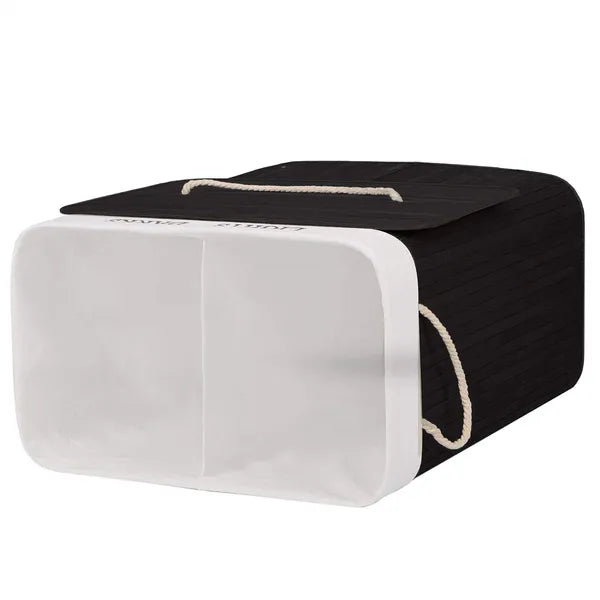 Bambusz szennyeskosár 100 l, 2 rekeszes, fekete/krém, 63×52×32 cm