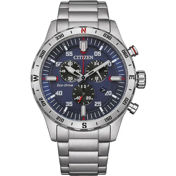 Citizen Eco-Drive kronográf férfi karóra, napelemes, acél, 43 mm, WR100