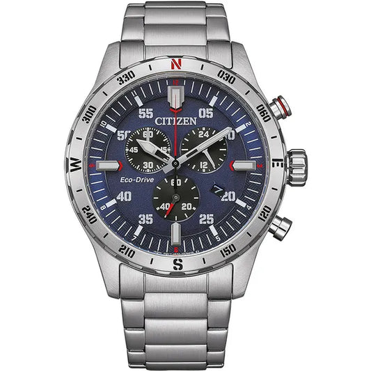 Citizen Eco-Drive kronográf férfi karóra, napelemes, acél, 43 mm, WR100