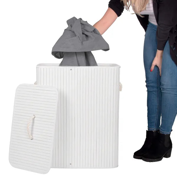 Bambusz szennyeskosár 100 L, fehér/szürke, 63×52×32 cm