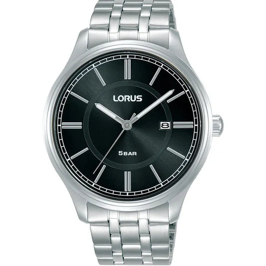 Lorus férfi karóra, 42 mm, fekete számlap, ezüst rozsdamentes acél szíj