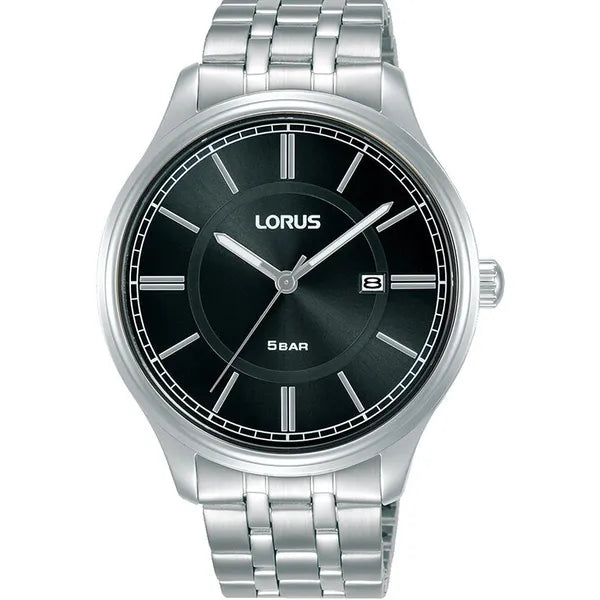 Lorus férfi karóra, 42 mm, fekete számlap, ezüst rozsdamentes acél szíj
