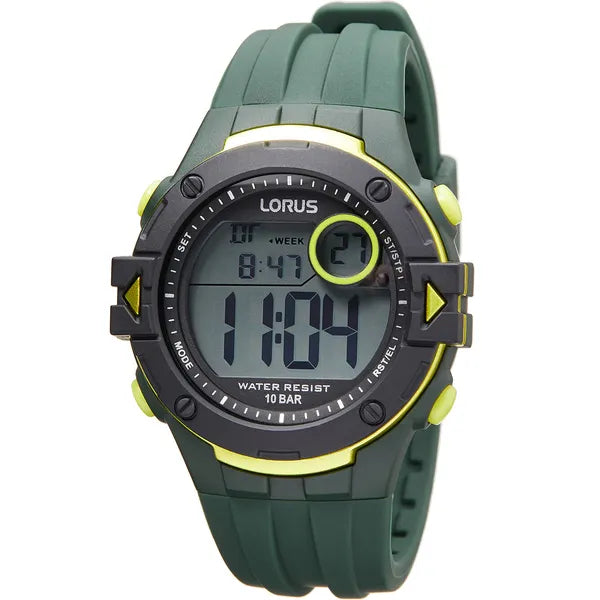 Lorus férfi sport karóra, WR100, stopper, zöld szilikon, 40 mm