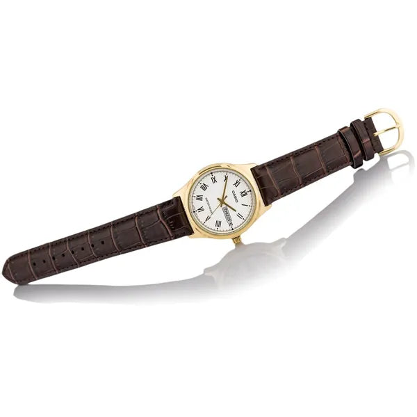 Casio MTP-V006GL-7B férfi kvarc karóra, aranytok, bőrszíj, 37 mm