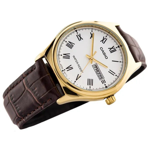 Casio MTP-V006GL-7B férfi kvarc karóra, aranytok, bőrszíj, 37 mm
