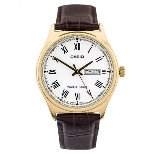 Casio MTP-V006GL-7B férfi kvarc karóra, aranytok, bőrszíj, 37 mm