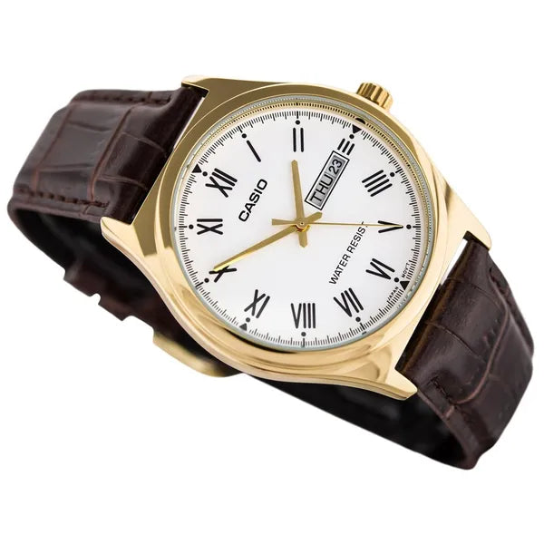 Casio MTP-V006GL-7B férfi kvarc karóra, aranytok, bőrszíj, 37 mm