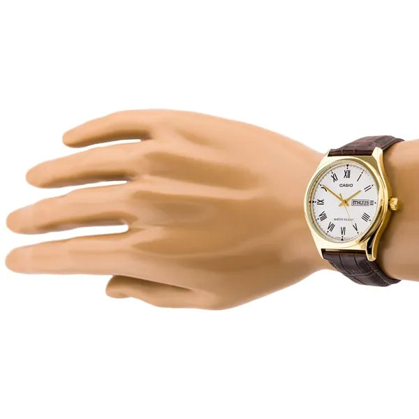 Casio MTP-V006GL-7B férfi kvarc karóra, aranytok, bőrszíj, 37 mm
