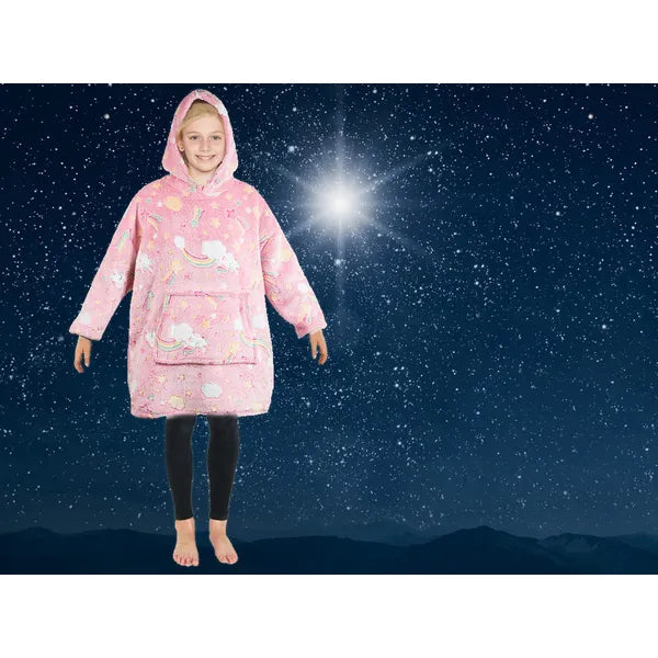 Gyerek rózsaszín kapucnis takaró-pulóver, plüss, fluoreszkáló, uni méret