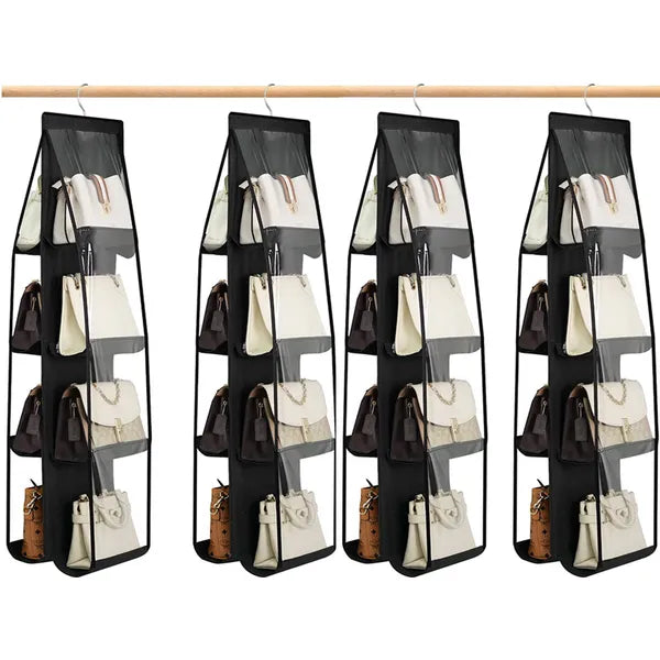 Akasztós, 8 zsebes fekete táskatároló szervező, 100×34 cm