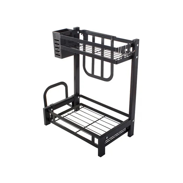 Kétszintes fekete fém konyhai loft állvány, 35×22,5×40 cm, tartókkal