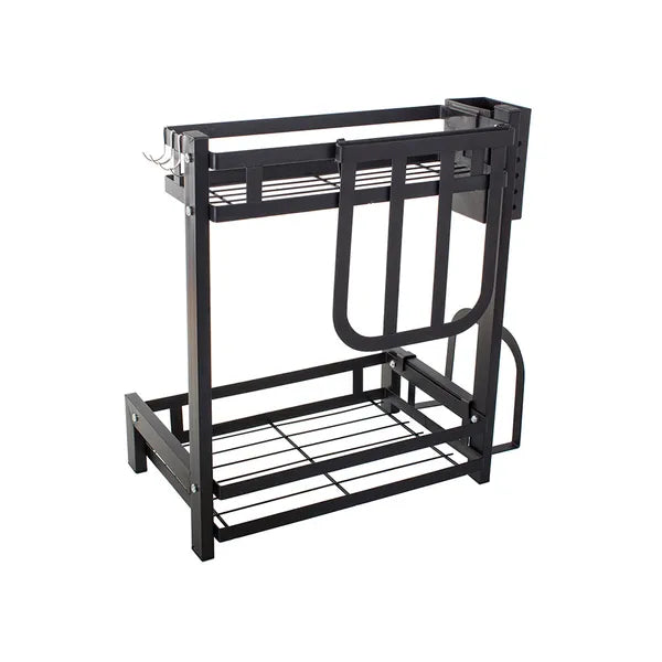 Kétszintes fekete fém konyhai loft állvány, 35×22,5×40 cm, tartókkal