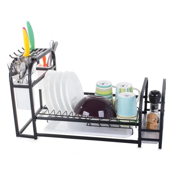 Fekete loft fém edényszárító állvány csepegtetőtálcával, 55×29×31 cm