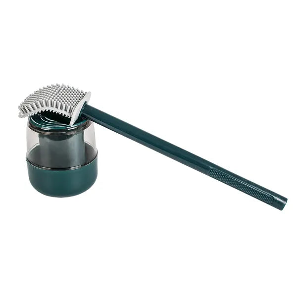 Szilikon WC kefe fali tartóval és csöpögésmentes edénnyel, zöld-szürke, 40 cm