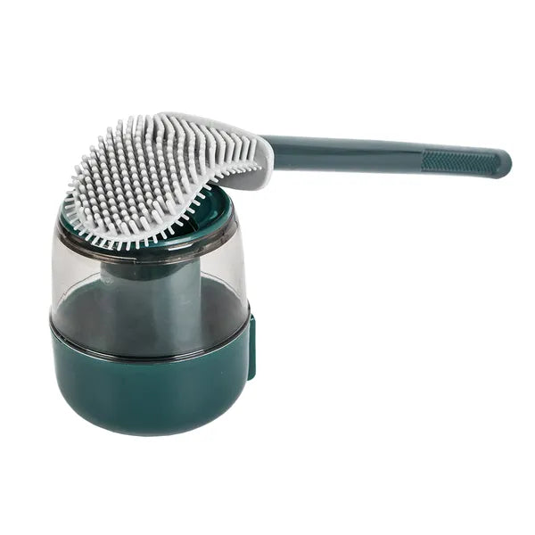 Szilikon WC kefe fali tartóval és csöpögésmentes edénnyel, zöld-szürke, 40 cm