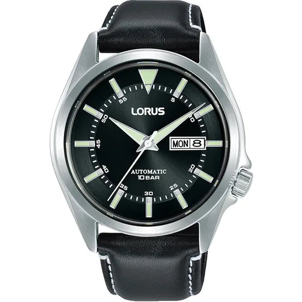 Lorus férfi automata karóra, 42 mm, fekete számlap, bőrszíj