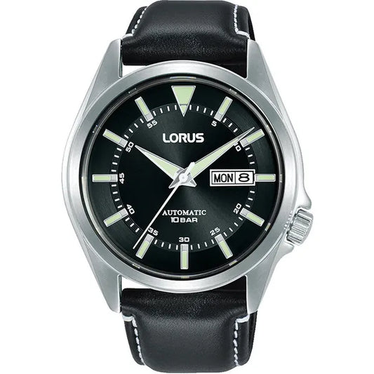Lorus férfi automata karóra, 42 mm, fekete számlap, bőrszíj