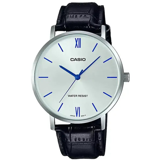 Casio férfi kvarc karóra 40 mm, ezüst számlap, fekete bőr szíj, WR30