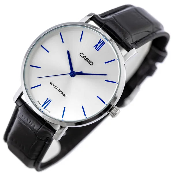 Casio férfi kvarc karóra 40 mm, ezüst számlap, fekete bőr szíj, WR30