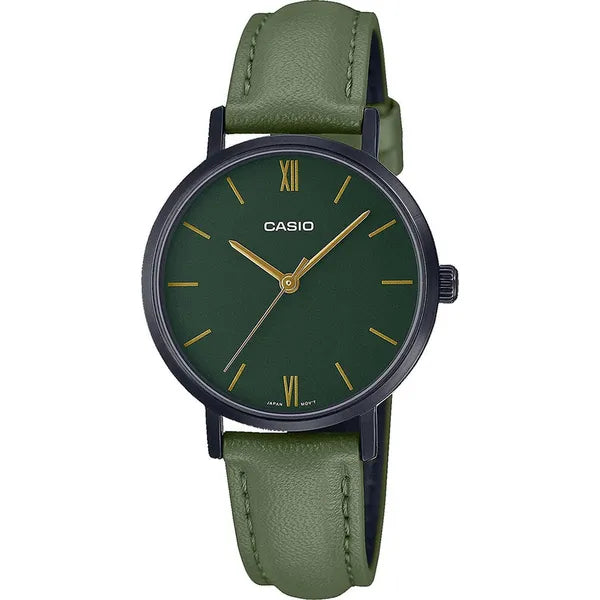 Casio LTP-VT02BL-3A női karóra – zöld bőrszíj, fekete tok, 30 m WR