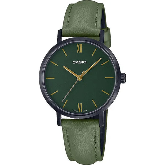 Casio LTP-VT02BL-3A női karóra – zöld bőrszíj, fekete tok, 30 m WR