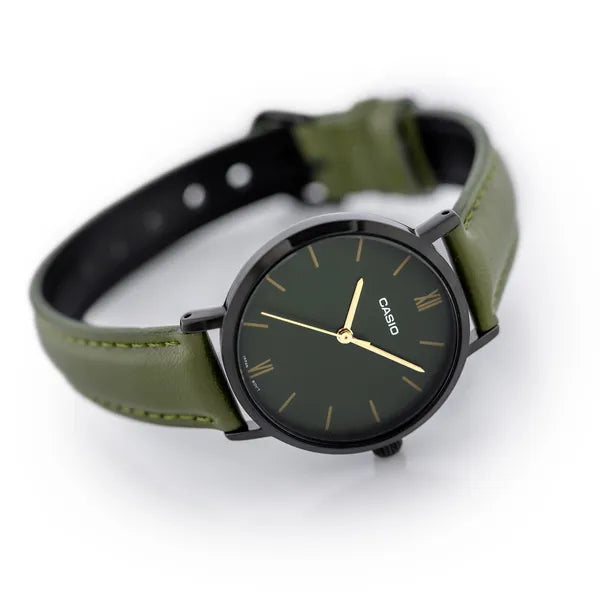 Casio LTP-VT02BL-3A női karóra – zöld bőrszíj, fekete tok, 30 m WR
