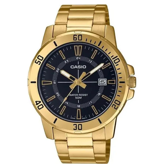 Casio MTP-VD01G-1C férfi karóra, arany acél, fekete számlap, WR50, 44 mm
