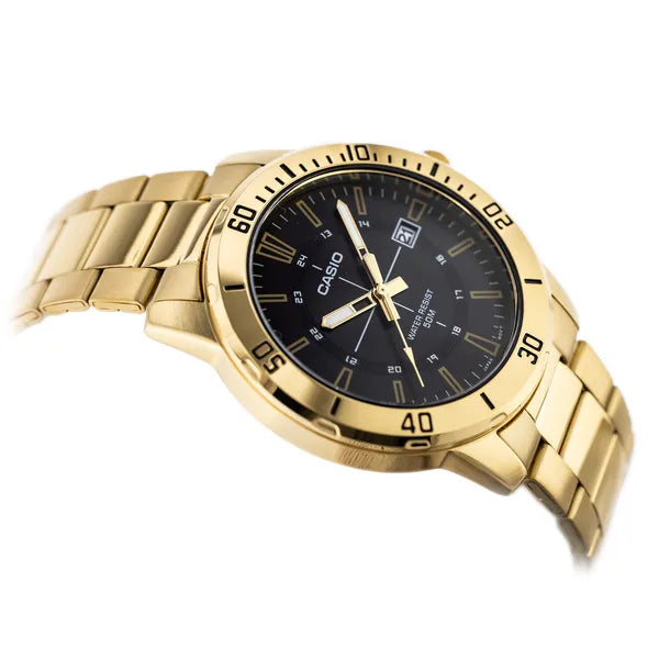 Casio MTP-VD01G-1C férfi karóra, arany acél, fekete számlap, WR50, 44 mm