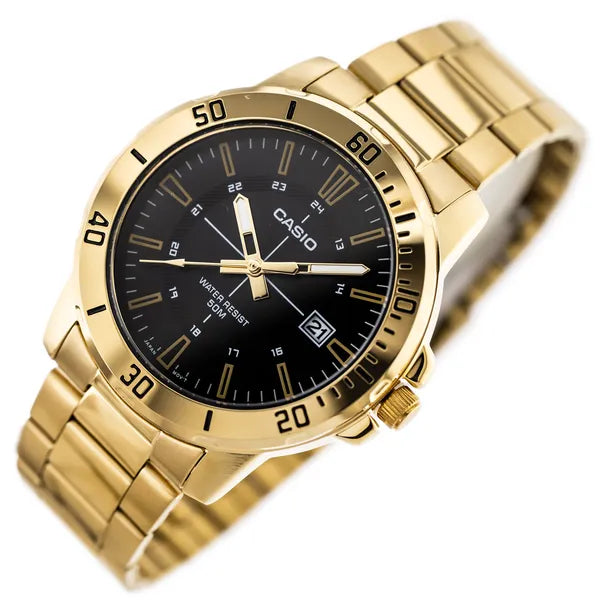 Casio MTP-VD01G-1C férfi karóra, arany acél, fekete számlap, WR50, 44 mm