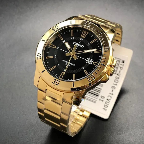 Casio MTP-VD01G-1C férfi karóra, arany acél, fekete számlap, WR50, 44 mm
