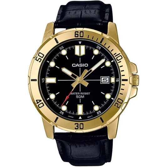Casio férfi karóra MTP-VD01GL-1E arany tok, fekete bőrszíj WR50