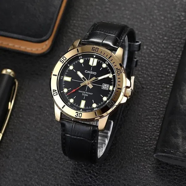 Casio férfi karóra MTP-VD01GL-1E arany tok, fekete bőrszíj WR50