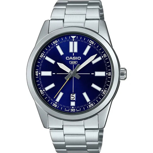 Casio MTP-VD02D-2E férfi karóra, acél, 41 mm, kék számlap, dátum