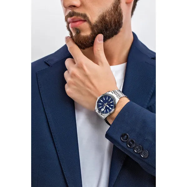 Casio MTP-VD02D-2E férfi karóra, acél, 41 mm, kék számlap, dátum