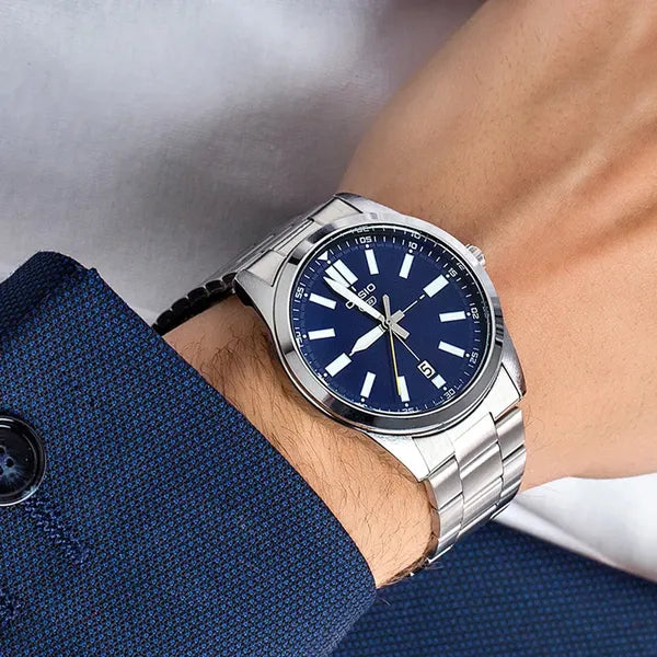 Casio MTP-VD02D-2E férfi karóra, acél, 41 mm, kék számlap, dátum
