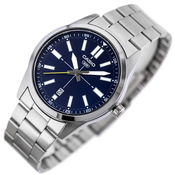 Casio MTP-VD02D-2E férfi karóra, acél, 41 mm, kék számlap, dátum