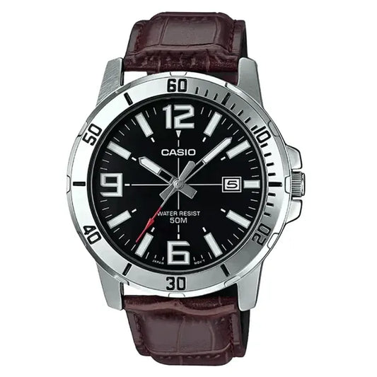 Casio MTP-VD01L-1BV férfi karóra, barna bőrszíj, fekete számlap, WR50