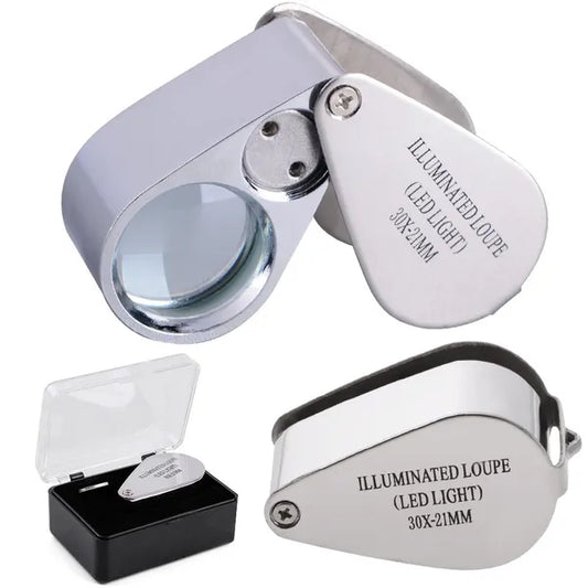 Összecsukható 30x/21 mm ékszerész nagyító, 2 LED, alumínium