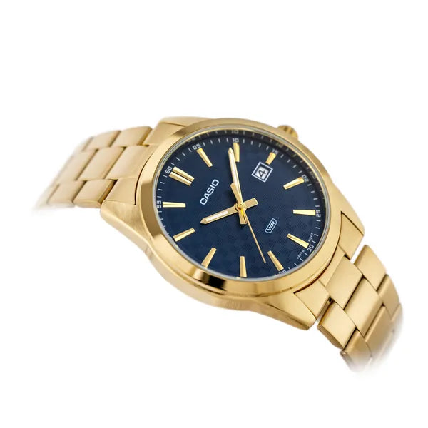 Casio MTP-VD03G-2A férfi karóra, arany acél, kék számlap, WR50