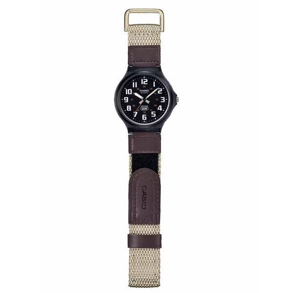 Casio MW-240B-5B férfi karóra, WR50, fekete számlap, bőr/vászon szíj