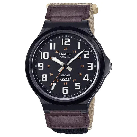 Casio MW-240B-5B férfi karóra, WR50, fekete számlap, bőr/vászon szíj