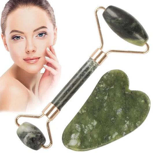 Természetes jade arcmasszírozó roller és gua sha lap készlet