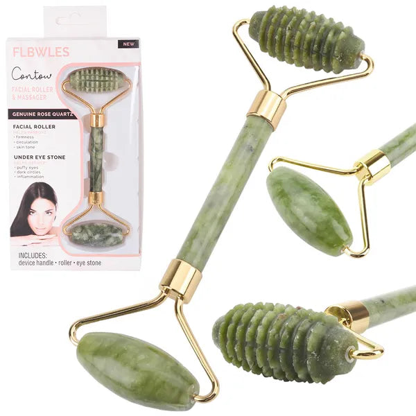 Természetes jade arcmasszírozó roller, kétfejes, hűthető, zöld