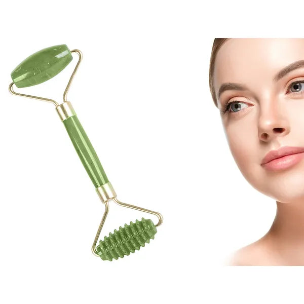 Természetes jade arcmasszírozó roller, kétfejes, hűthető, zöld