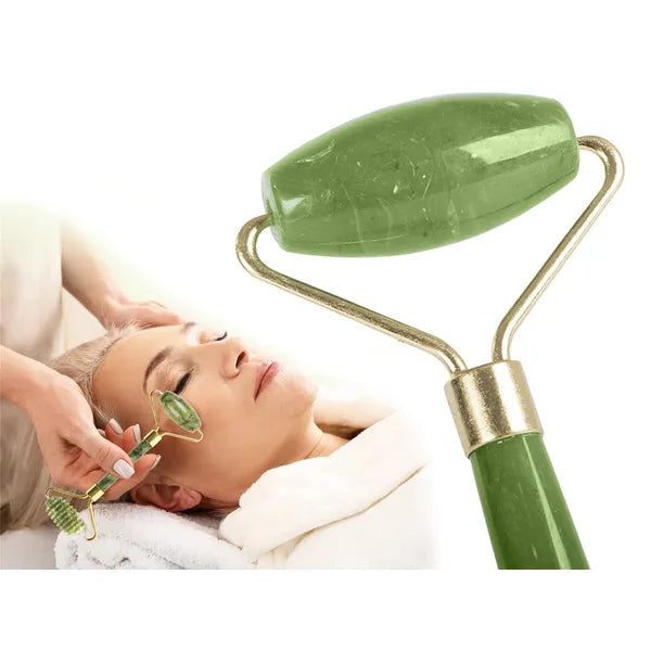 Természetes jade arcmasszírozó roller, kétfejes, hűthető, zöld