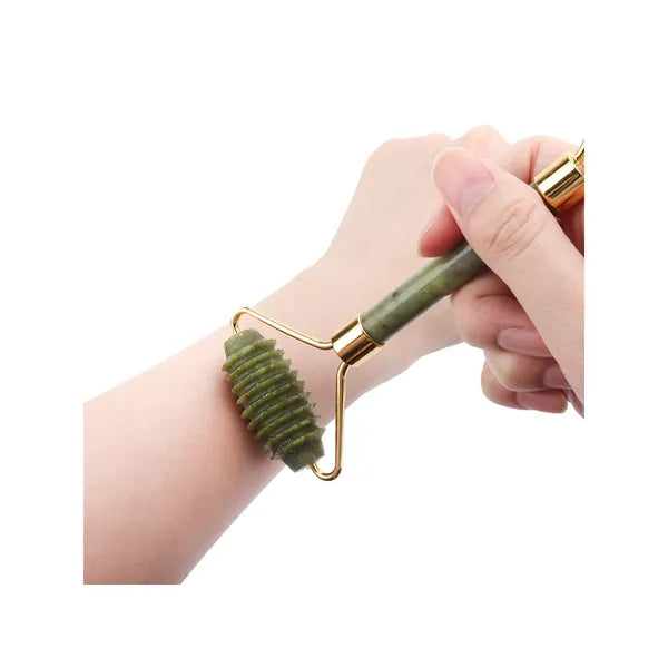 Természetes jade arcmasszírozó roller, kétfejes, hűthető, zöld