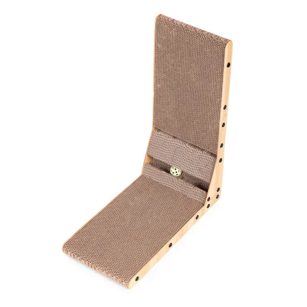 Sarok L-alakú karton macskakapáró MDF kerettel, labdás játékkal 60×50 cm
