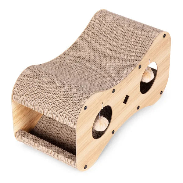 Kartonos macskakaparó házzal és ágy funkcióval, MDF keret, 55×28×29 cm