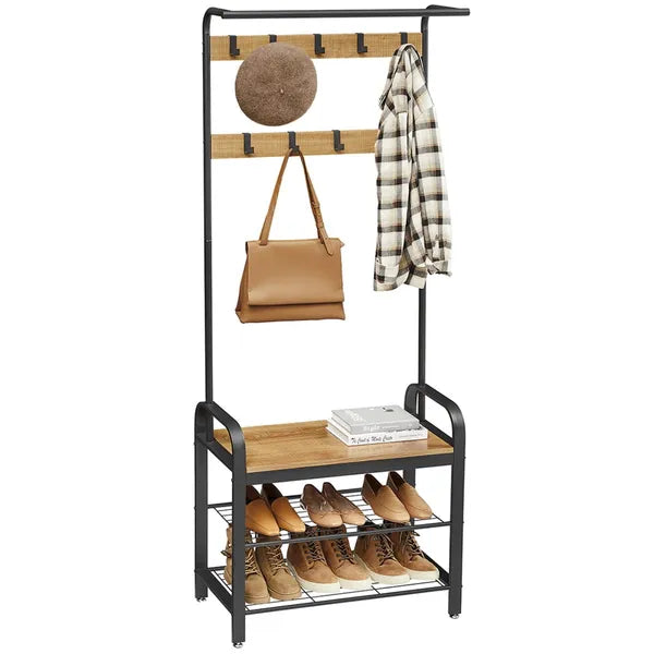 Mézbarna LOFT ruhafogas 9 akasztóval, 3 cipőtartó polccal, 72×34×183 cm