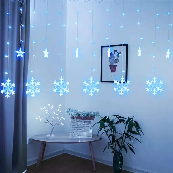 Karácsonyi kék 138 LED hópehely-csillag fényfüggöny, 4 m, IP44